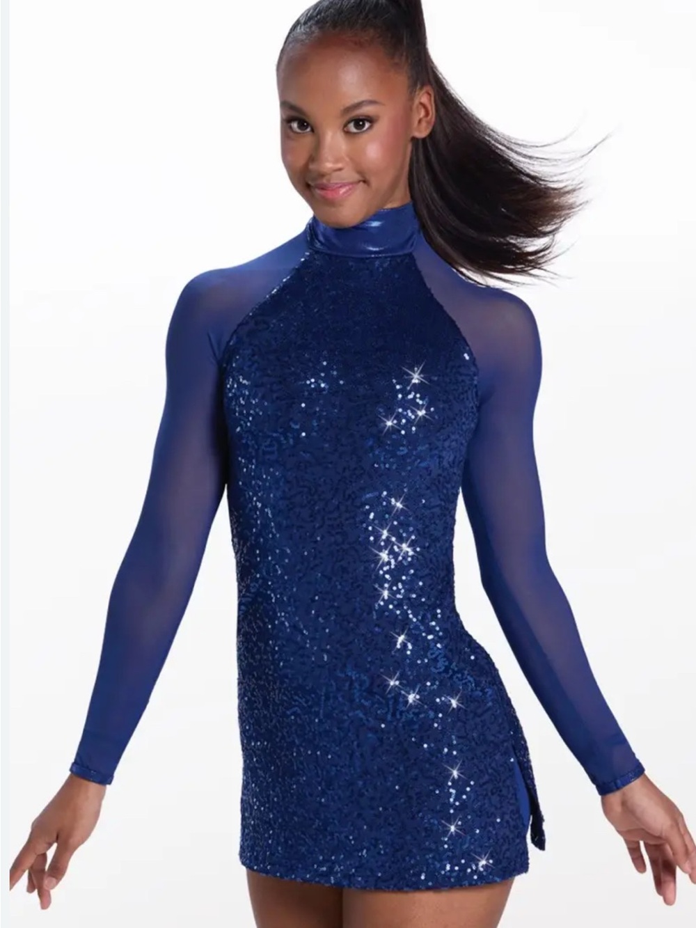 balera Navy Blue Sequin Long Sleeve Dance Dress Bodysuit